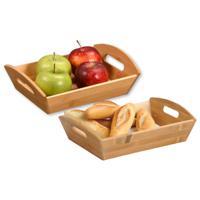 Brood/fruit mandje - 2x - bamboe hout - beige - L31 x B23 x H9 cm - met handvaten - thumbnail