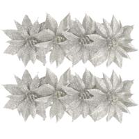 Kerstboomversiering Bloemen - 8x stuks - 9 cm - zilver glitter - op clip