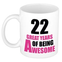 22 great years of being awesome cadeau mok / beker wit en roze - thumbnail