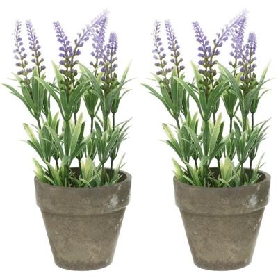 Bellatio Lavendel kunstplant - 2x - lila - 25 cm - in betonlook potje - Kunstplanten - nepplanten