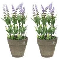 Bellatio Lavendel kunstplant - 2x - lila - 25 cm - in betonlook potje - Kunstplanten - nepplanten