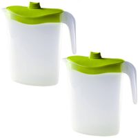2x Smalle kunststof koelkast schenkkannen 1,5 liter met groene deksel - Schenkkannen