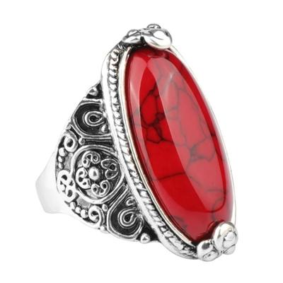 Mode Vintage ovale Turquoise Flower Ring vrouwen antieke zilveren sieraden ring maat: 8 (rood)