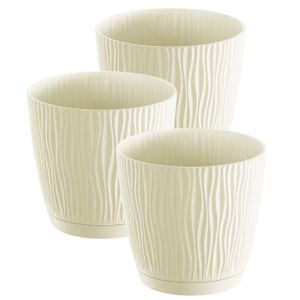 3x stuks stijlvolle kunststof plantenpot/bloempot dia 15 cm/hoogte 14 cm Waves creme wit