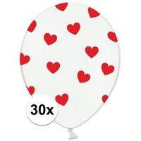 30x stuks witte ballonnen met hartjes rood - thumbnail