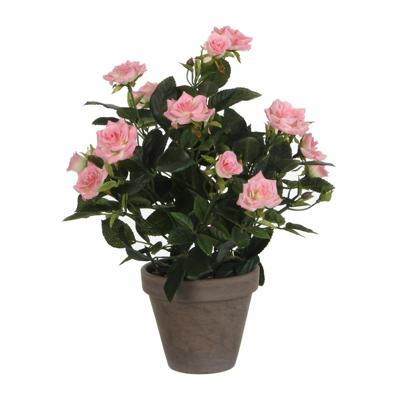 Mica Decorations Kunstplant - rozen - roze - in grijze pot - 33cm - kunst roos