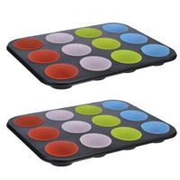 Muffin vorm/bakvorm - 2x - zwart - voor 12 muffins - siliconen coating