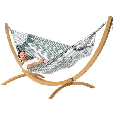 Tweepersoons hangmat met houten standaard - 350x160cm -Wit - 160kg draagkracht- 100% katoen - binnen & buiten