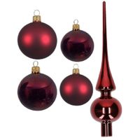 Glazen kerstballen pakket donkerrood glans/mat 38x stuks 4 en 6 cm met piek glans - thumbnail