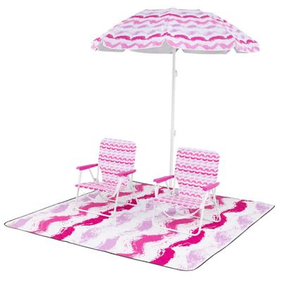 2-delige set Strandstoelen met Parasol & Stranddeken Parasol met Draagtas 2 Opvouwbare Stoelen Roze