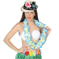 Hawaii thema party verkleedset - Trilby strohoedje - bloemenkrans blauw/wit - Tropical toppers - thumbnail