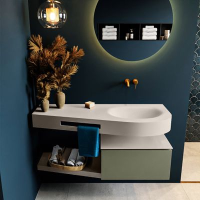 MONDIAZ RIVA 120cm badmeubel onderkast / planchet kleur Army met 1 lade. Wastafel DULCET rechts 0 kraangaten kleur Linen. MONDIAZ RIVA 120cm badmeubel onderkast / planchet kleur Army met 1 lade. Wastafel DULCET rechts 0 kraangaten kleur Linen.