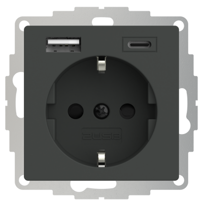 USB en USBC lader 15W 3A antraciet RAL7016 voor een 40mm diepe doos met stopcontact