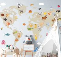 Muursticker wereldkaart dieren cartoon stijl