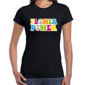 Jaren 60 Flower Power verkleed shirt zwart met gekleurde peace tekens dames