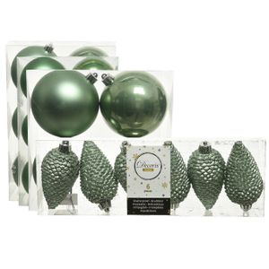 Kerstversiering kunststof kerstballen salie groen 6-8-10 cm pakket van 50x stuks