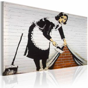 Schilderij - Banksy - Schoonmaakster, 60X40cm , zwart wit rood , wanddecoratie , premium print op canvas
