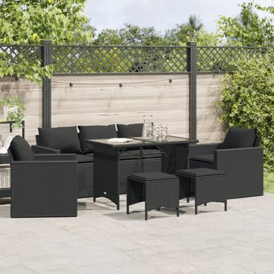 6-delige Loungeset met kussens poly rattan zwart