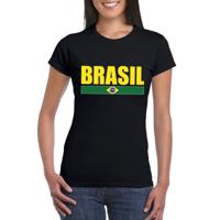Brazilie supporters kleding t-shirt - voor dames - zwart - met vlag kleuren print - korte mouwen