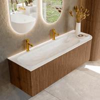 Mondiaz KURVE-DLUX 145 cm Onderkast Greeploos 1 Lade Met Deuren Walnut, Wastafel Solid Surface Links Ostra 2 Kraangaten Zonder Spiegel (KRVBGL145R1L1D2KL-Wal/Ost)
