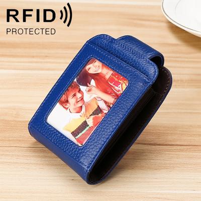 KB189 verticale koeienhuid lederen orgel vorm meerdere kaartsleuven anti-magnetische RFID portemonnee voor dames met transparant venster (Sapphire Bl