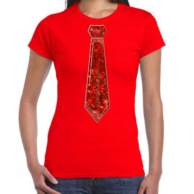 Verkleed t-shirt voor dames - stropdas rood - pailletten - rood - carnaval - foute party