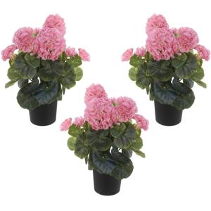 Louis maes Kunstplant - Set van 3x stuks - Geranium - roze - in zwarte pot - 35 cm