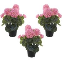 Louis maes Kunstplant - Set van 3x stuks - Geranium - roze - in zwarte pot - 35 cm