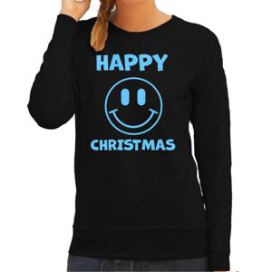 Foute kersttrui/sweater voor dames - Happy Christmas - zwart - glitter blauw - Smile Emoticon