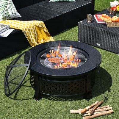81 cm Ronde 3-In-1 Vuurschaal Hittebestendige Afwerking Buitenhaard Barbecue Houtrooster Pook Regenhoes voor Tuin Terras