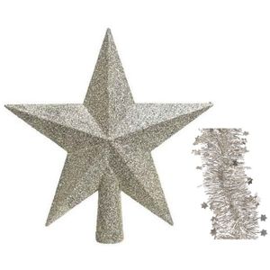 Kerstversiering kunststof glitter ster piek 19 cm en sterren slingers pakket champagne van 3x stuks