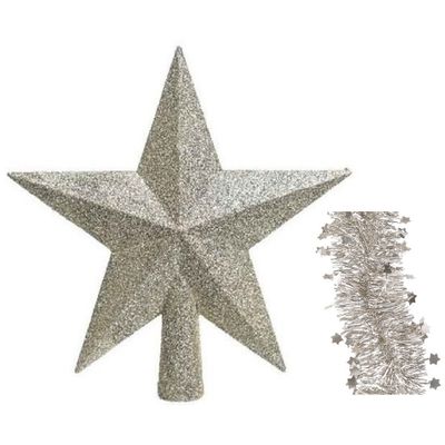 Kerstversiering kunststof glitter ster piek 19 cm en sterren slingers pakket champagne van 3x stuks