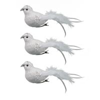 18x stuks decoratie vogels op clip glitter wit 18 cm - thumbnail