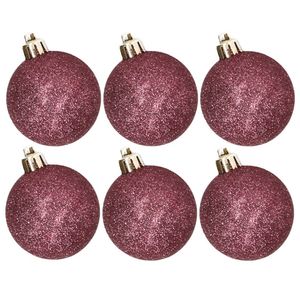 6x stuks kunststof glitter kerstballen aubergine roze 8 cm - Kerstbal