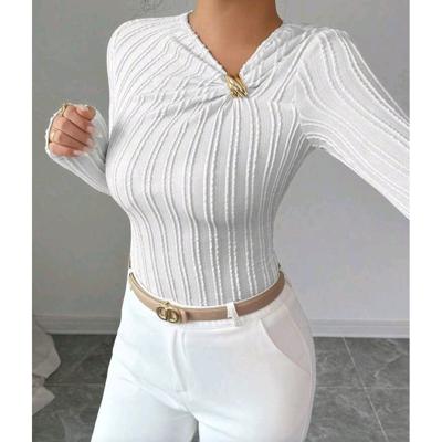Bon&Bon White Asymmetrical Twist Rib-Knit Elegant T-Shirt for Women S(36)