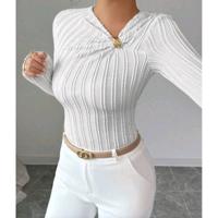 Bon&Bon White Asymmetrical Twist Rib-Knit Elegant T-Shirt for Women S(36)