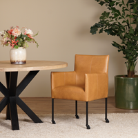 Set van 6 cognac leren eetkamerstoelen Desire - met wieltjes en armleuning - Granada leer Sahara