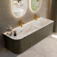 Badmeubel Mondiaz Kurve-Dlux | 145 cm cm | Meubelkleur Shadow | Wastafelkleur Glace | Solid surface | Dubbel / Rechts spoelbak | 2 kraangaten Badmeubel Mondiaz Kurve-Dlux | 145 cm cm | Meubelkleur Shadow | Wastafelkleur Glace | Solid surface | Dubbel / Rechts spoelbak | 2 kraangaten