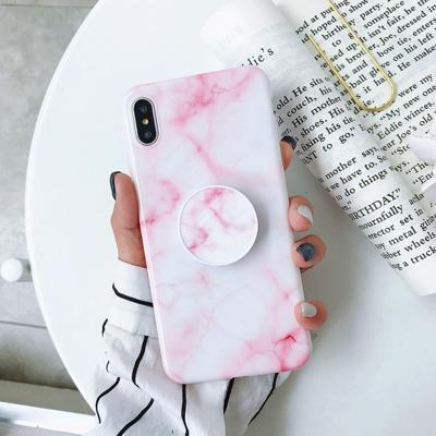 Marmer anti-drop TPU bescherming achtercover voor iPhone XS Max met opvouwbare houder (poeder wit)
