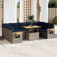 10-delige Loungeset met kussens poly rattan acacia grijs