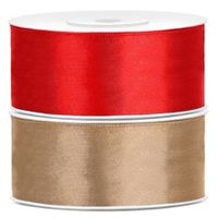 Bellatio decorations 2x rollen satijn sierlint 2.5 cm x 25 meter goud en rood - thumbnail