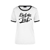 Liefste juf cadeau ringer t-shirt wit met zwarte randjes voor dames - Einde schooljaar/juffendag cadeau XL  -