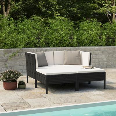 4-delige Loungeset met kussens poly rattan zwart