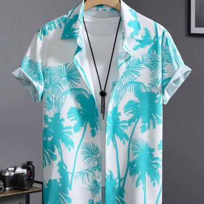 Men's Tropical Palm Tree Print Short Sleeve Summer Boho Shirt Blue / S