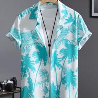 Men's Tropical Palm Tree Print Short Sleeve Summer Boho Shirt Blue / S