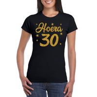 Hoera 30 jaar verjaardag / jubileum cadeau t-shirt goud glitter op zwart dames - thumbnail