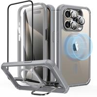 iPhone 15 Pro Max Armor Tough Case with Stash Stand Protection Bundle Clear Grey