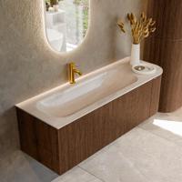 Badmeubel Mondiaz Kurve-Dlux | 135 cm | Meubelkleur Walnut | Wastafelkleur Meli | Solid surface | Wasbak linker zijde spoelbak | 1 kraangat