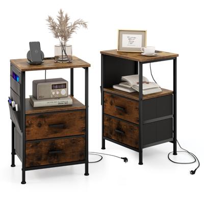 Set van 2 Nachtkastjes met Laadstation/USB-Poorten en Stopcontacten/Bijzettafel met 2 Laden en 6 Zijvakken 38 x 30 x 60 cm