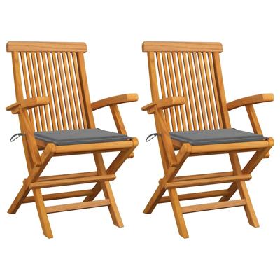 Tuinstoelen 2 st met grijze kussens massief teakhout